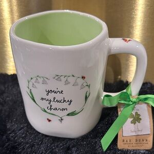 Rae Dunn White Mug with Green Interior - Lucky Charm Design